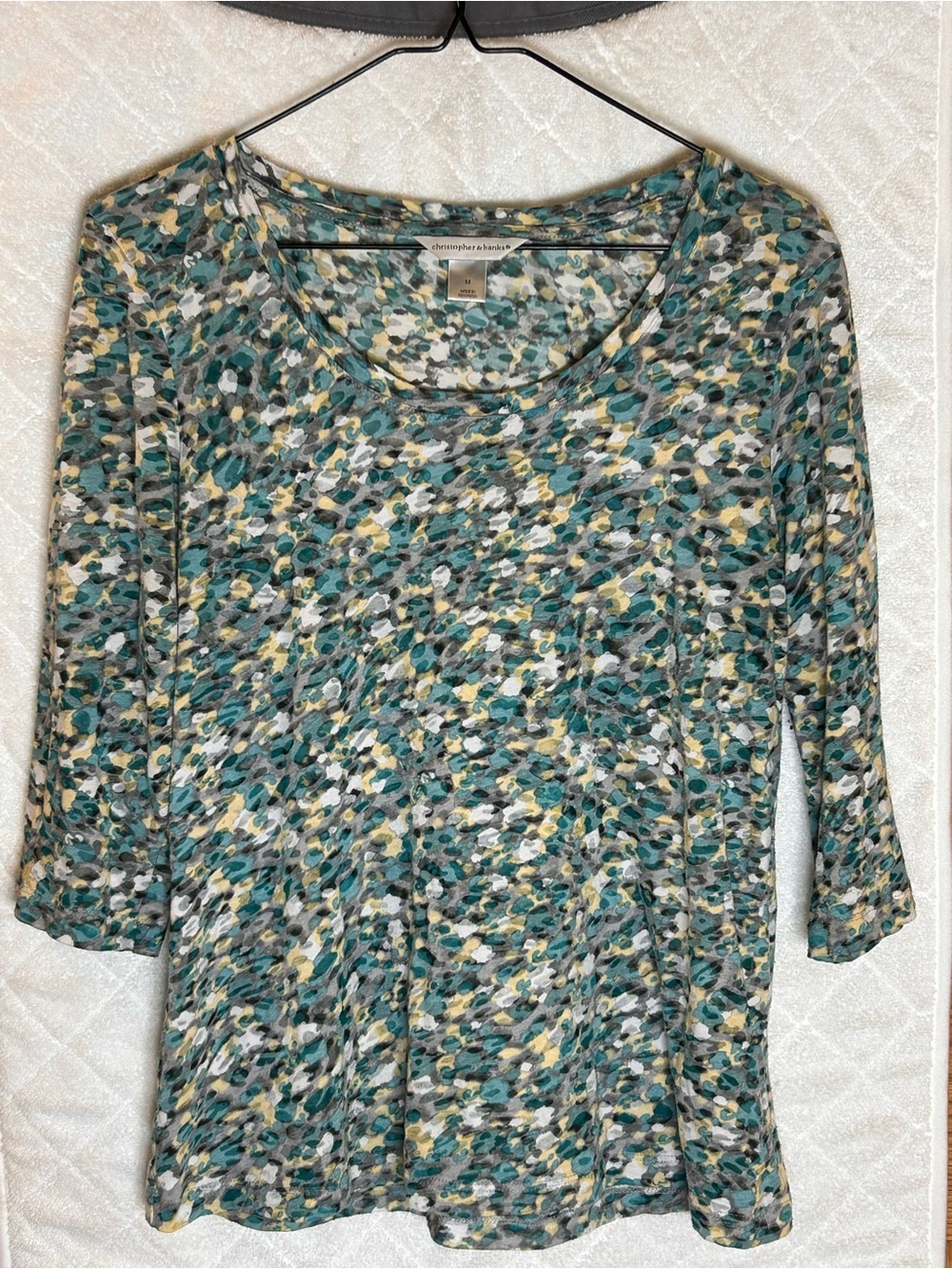 Christopher & Banks Teal Green Multi-Print Scoop Neck Long Sleeve Top